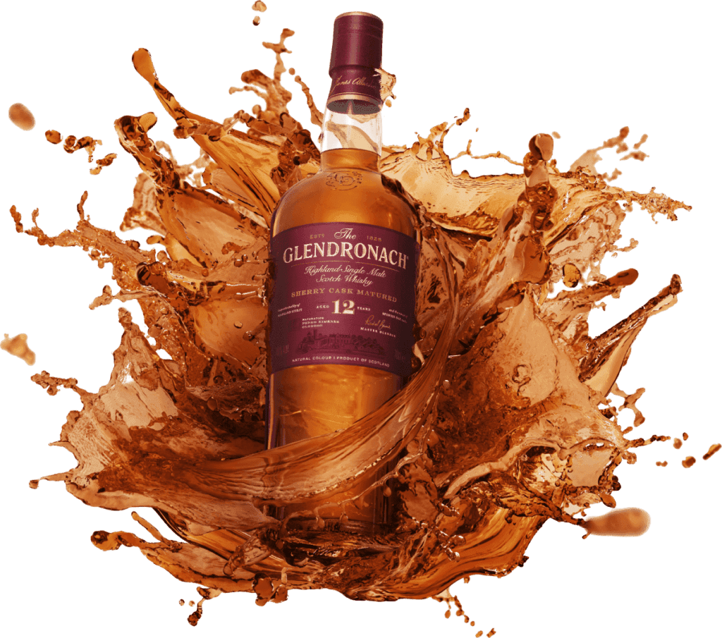 glendronach whisky in liquid splash background