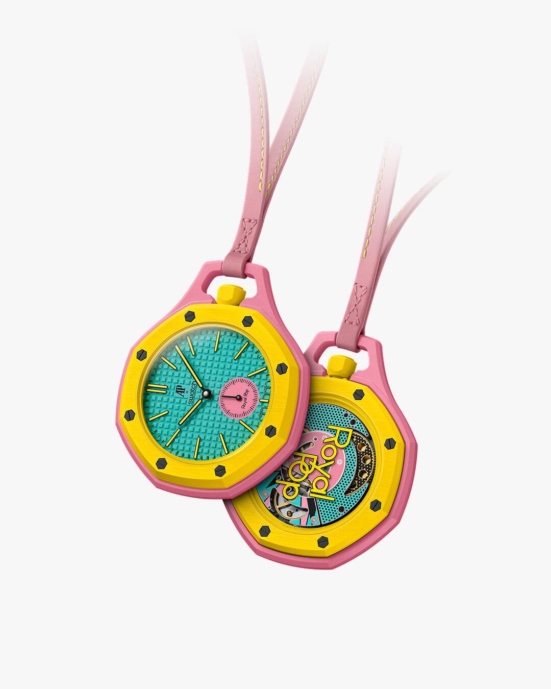 a pink yellow and green Swatchpop pocket watch on a pink lanyward with the reverse visible showing the see-through caseback and colourful movement stickers