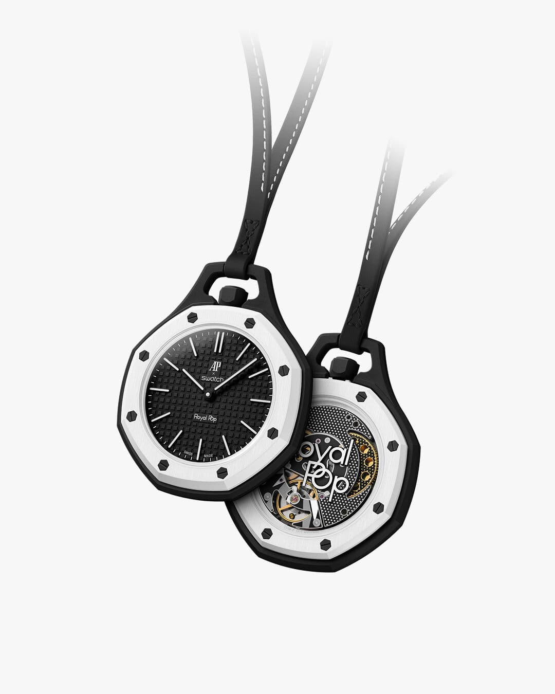 a black and white royalpop swatch ap collaboration pocket watch with black dial white case and black lanyard with additional reverw image showing movement with grey decoration