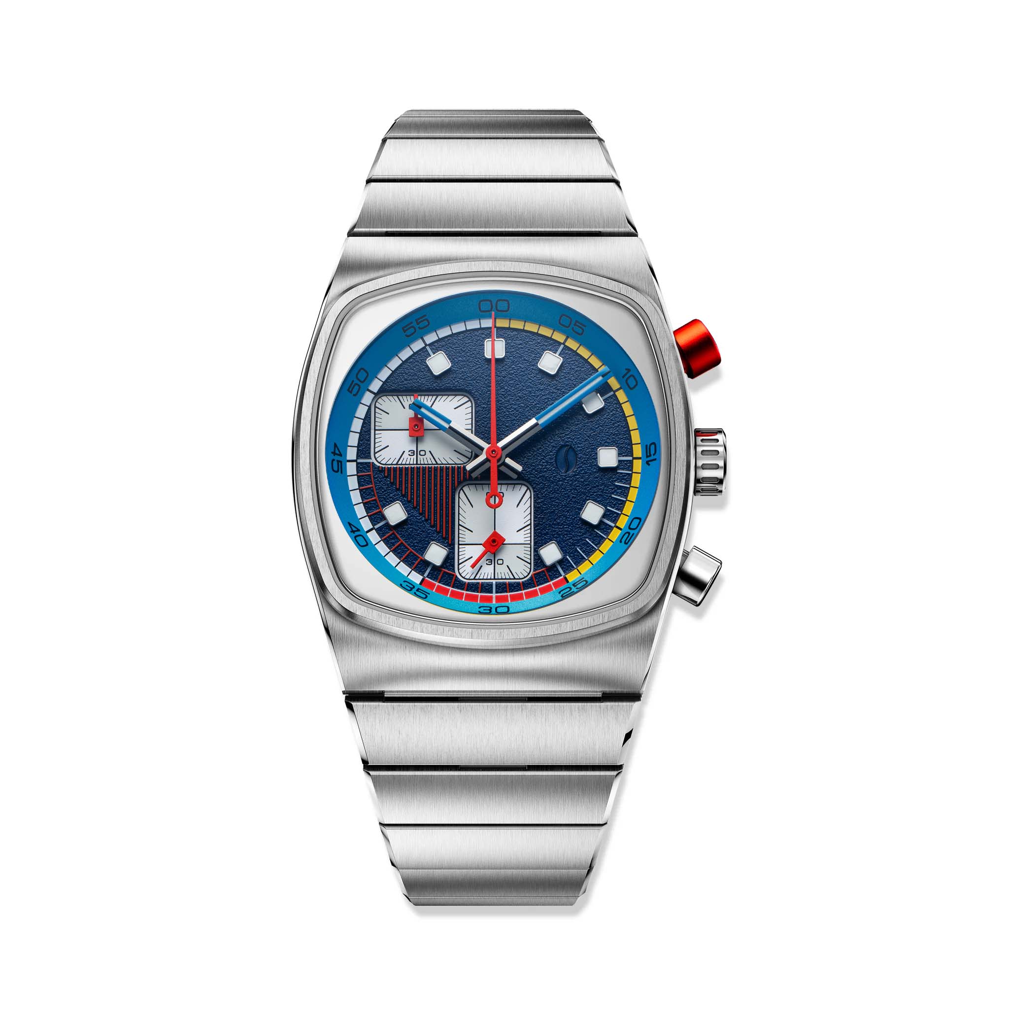 a steel Brew watch with red yellow and blue dial accents