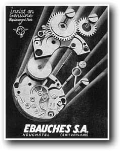 An old advertisement for a watch movement and parts made by Ebauches SA