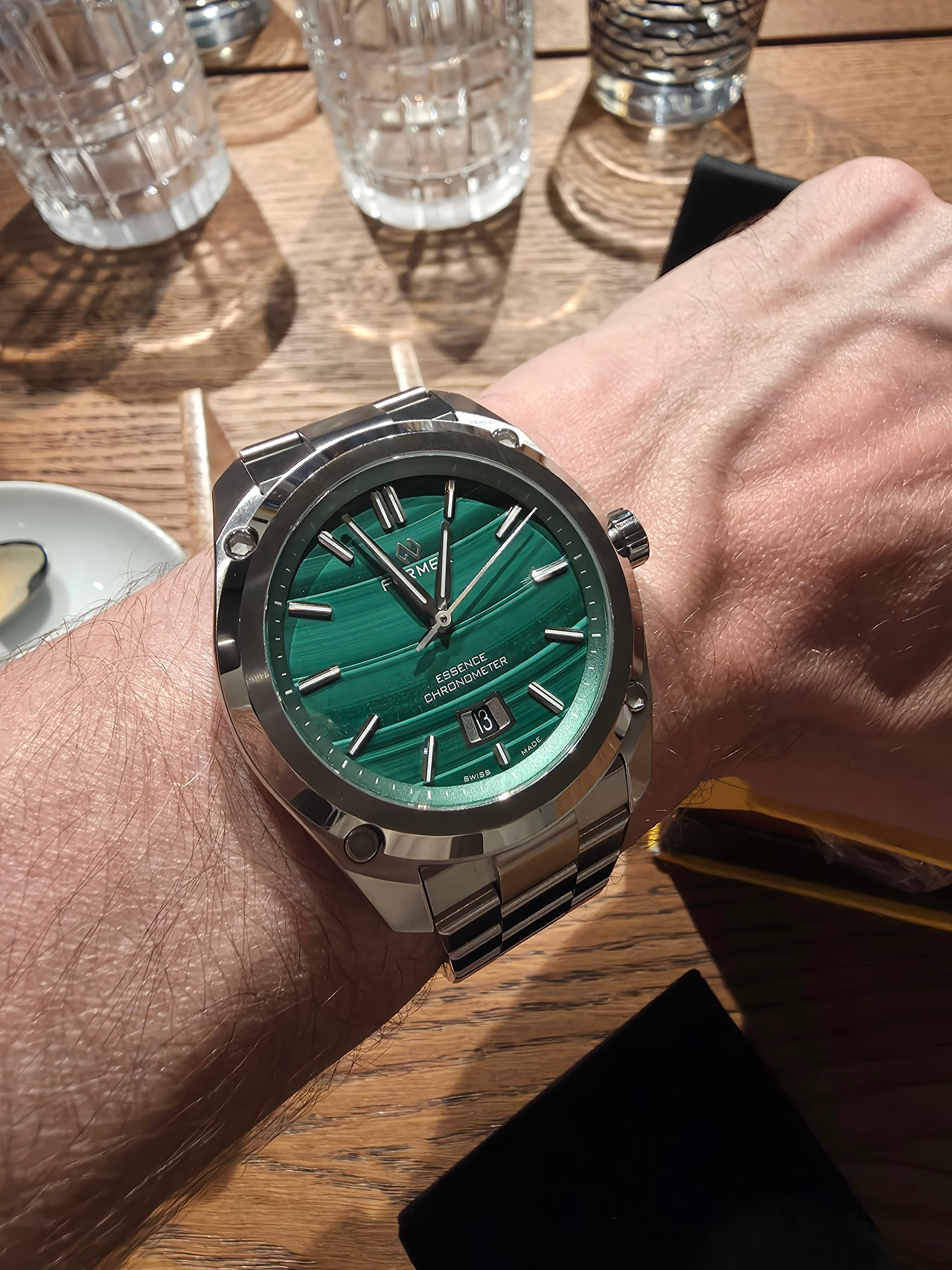 formex essence malachite watch in steel with 6 oclock date window