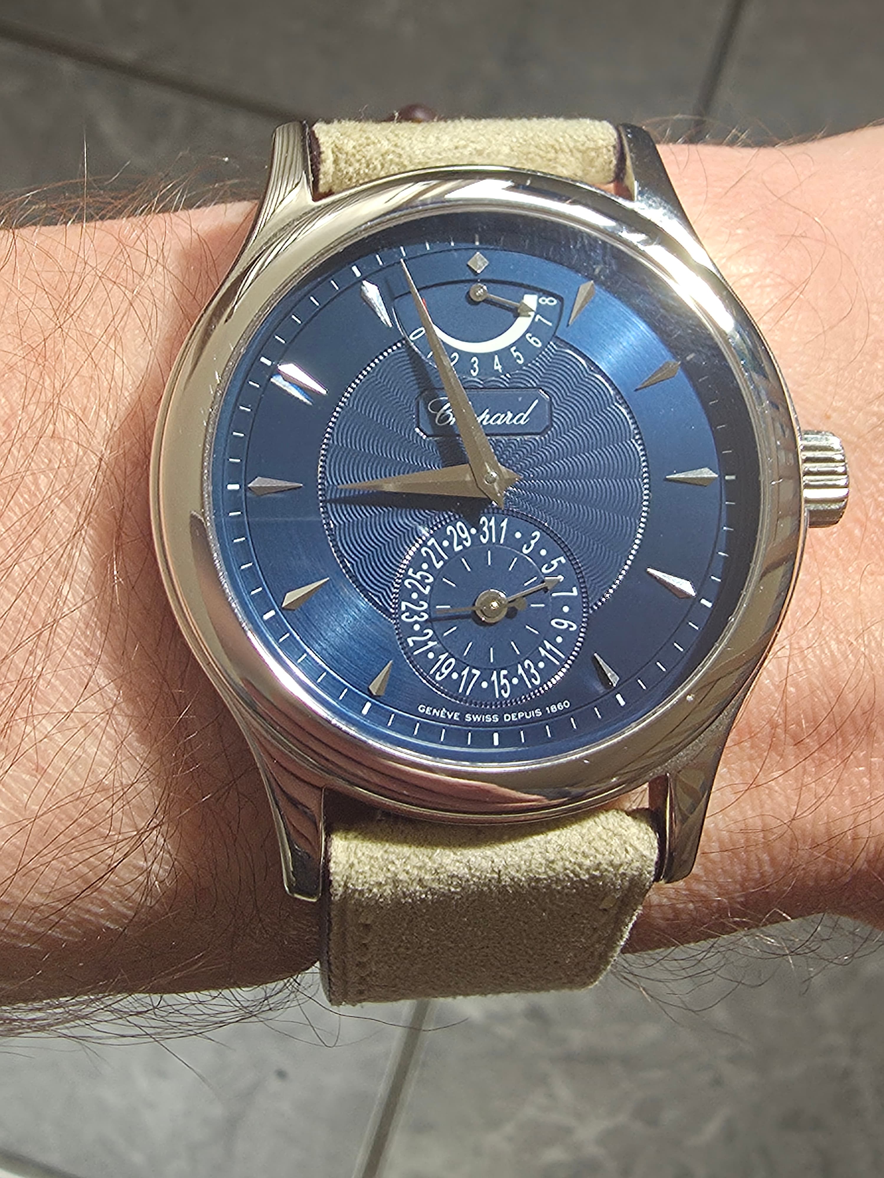 CHopard Quattro 8-dayin white gold with blue ghuilloche dial and white gold hands