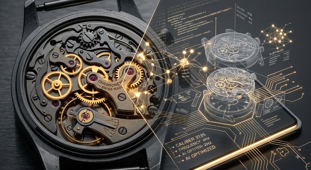 an aAi generated image of a watch, opn to show the movement, then with lines portraying data out to the fright with nonsense text, all in gold an grey