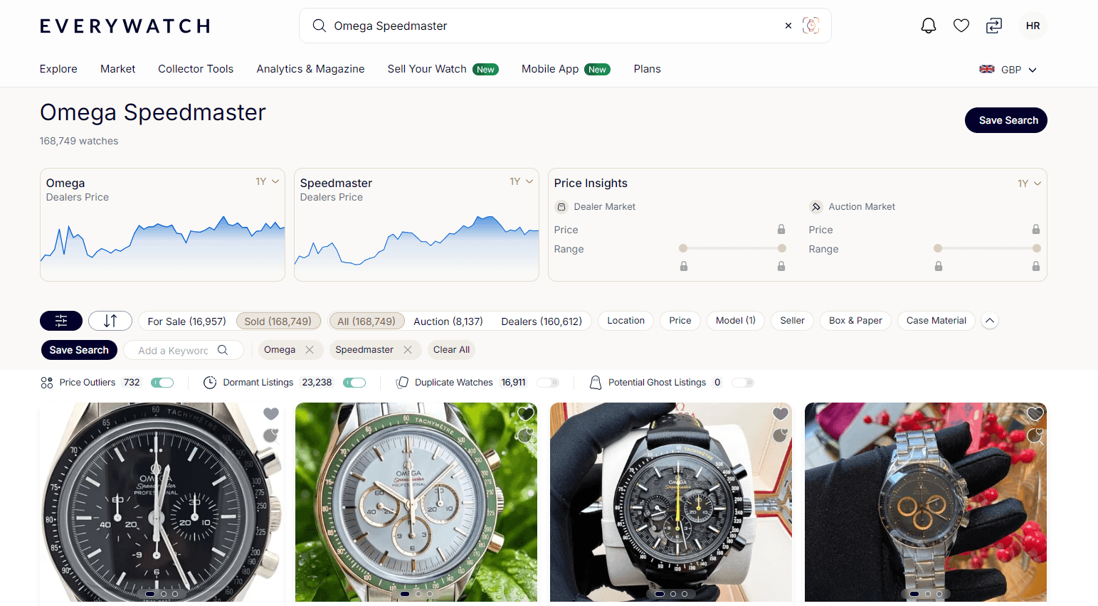 a screenshot of the everywatch search results page for the omegaspeedmaseter in white with greay and black text and data at the top and available watch listings below