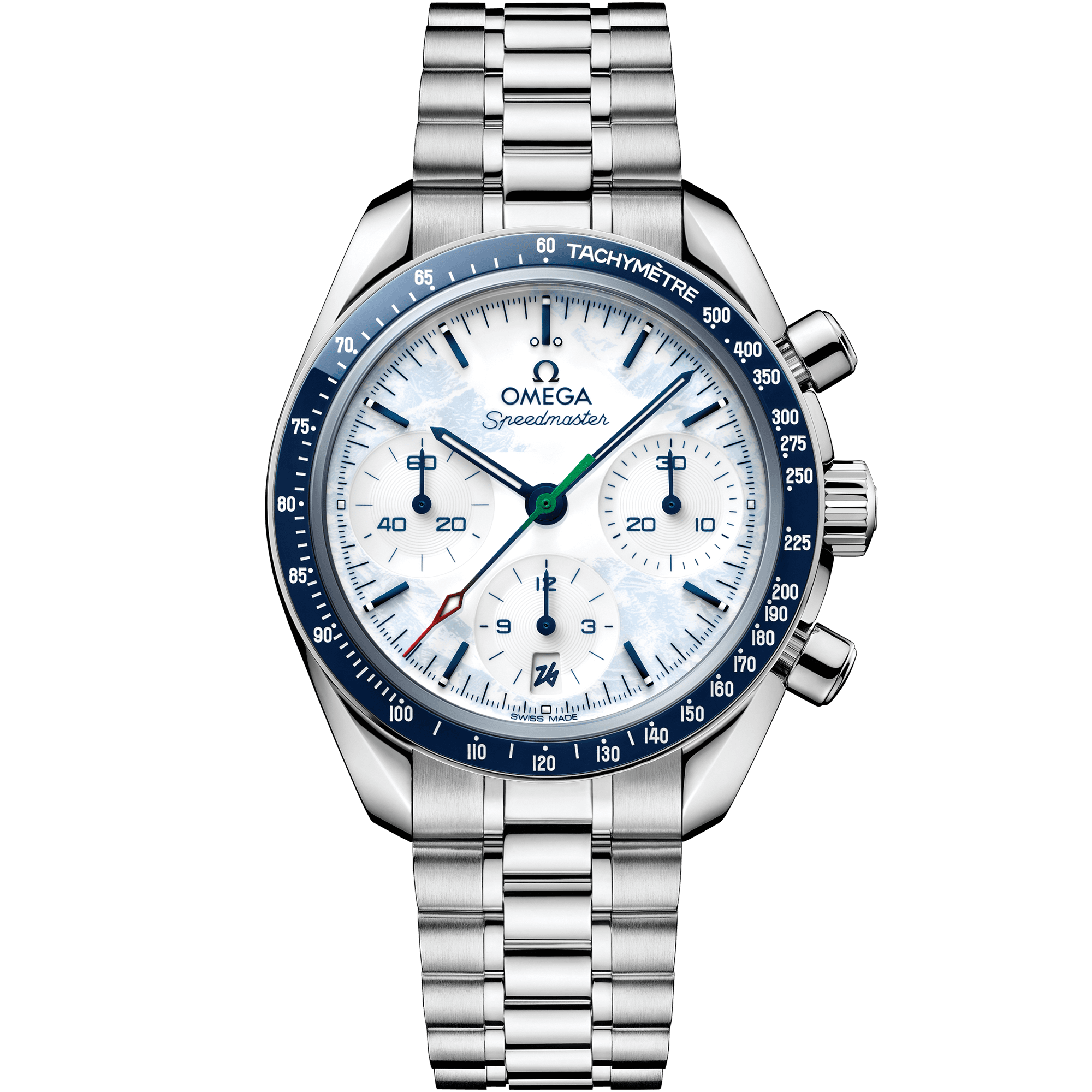 a blue and white steel omega speedmaster wristwatch on a bracelet