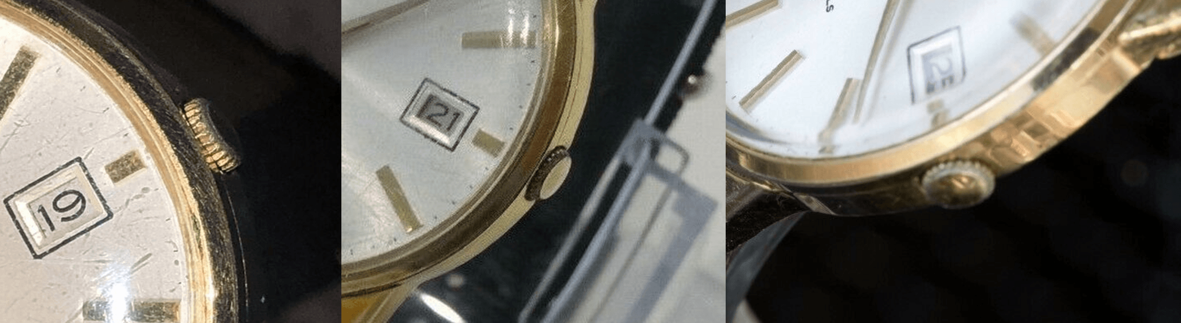 three close ups of the crown of a vintage Seiko with white dial and gold case