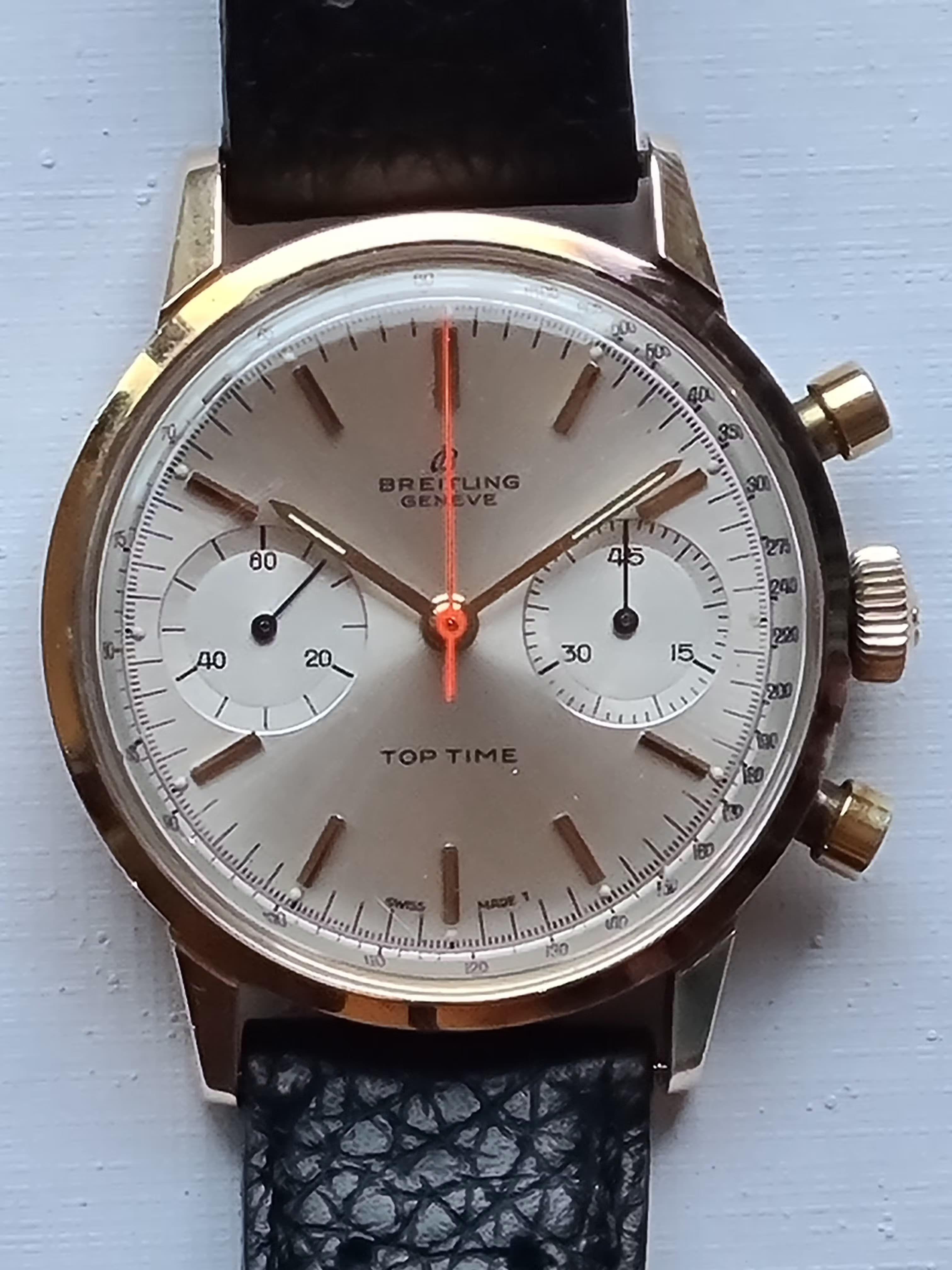 A Vintage Breitling Top Time from 1964 with a Tachymeter scale around the inside of the dial.