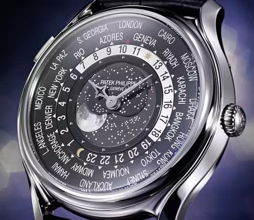 This Platinum version of their Worldtimer complication was also introduced with additional moon phase and star calendar in the centre. Image courtesy of patek.com