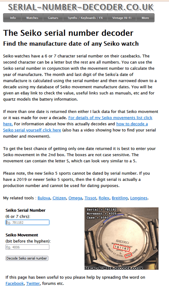 screenshot of webpage showing the serial number decoder tool with black texton white background