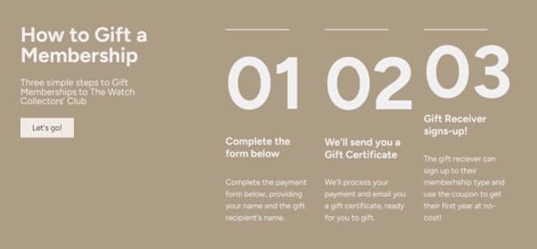 godl snippet from gift membnership webpage of The Watch Collectors' Club showing how it works