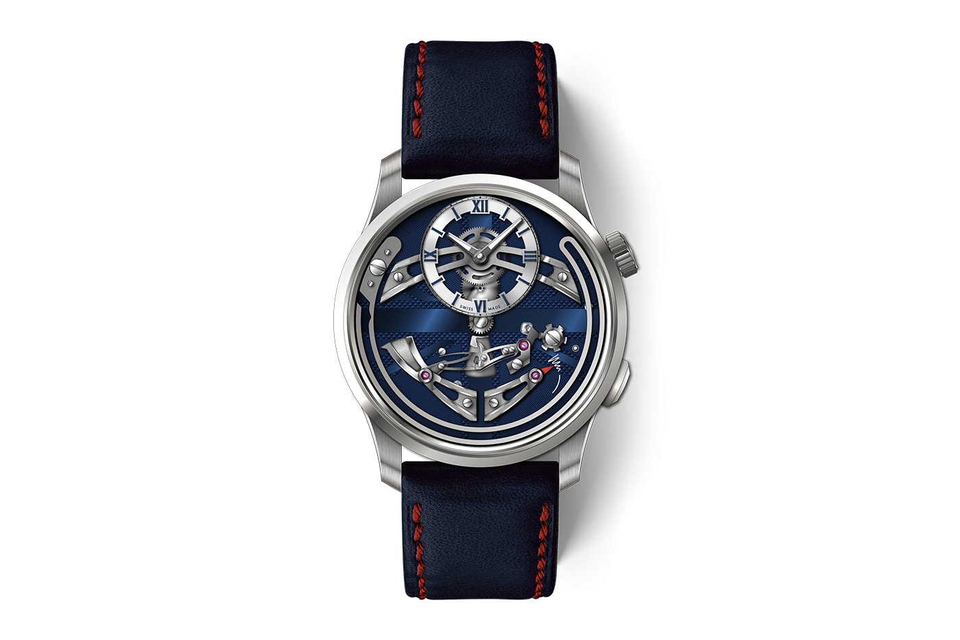 large round watch with complicated chiming mechanism and dark blue dial with british flag etching and roman numberal indices bel canto movement and black strap